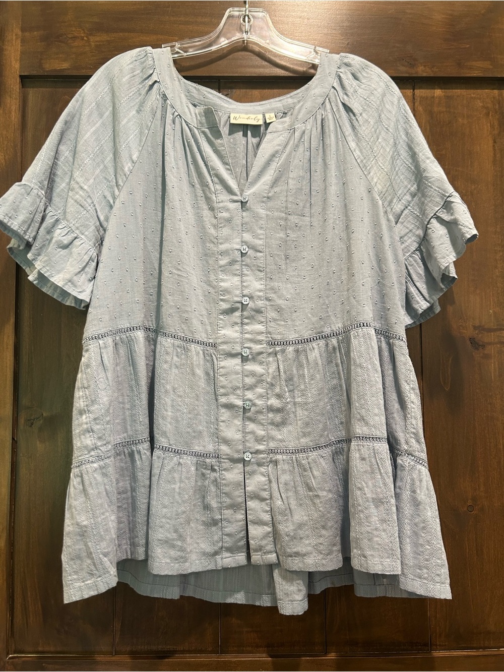 M390 Wonderly Soft Blue Button-Front Ruffle Sleeve Top